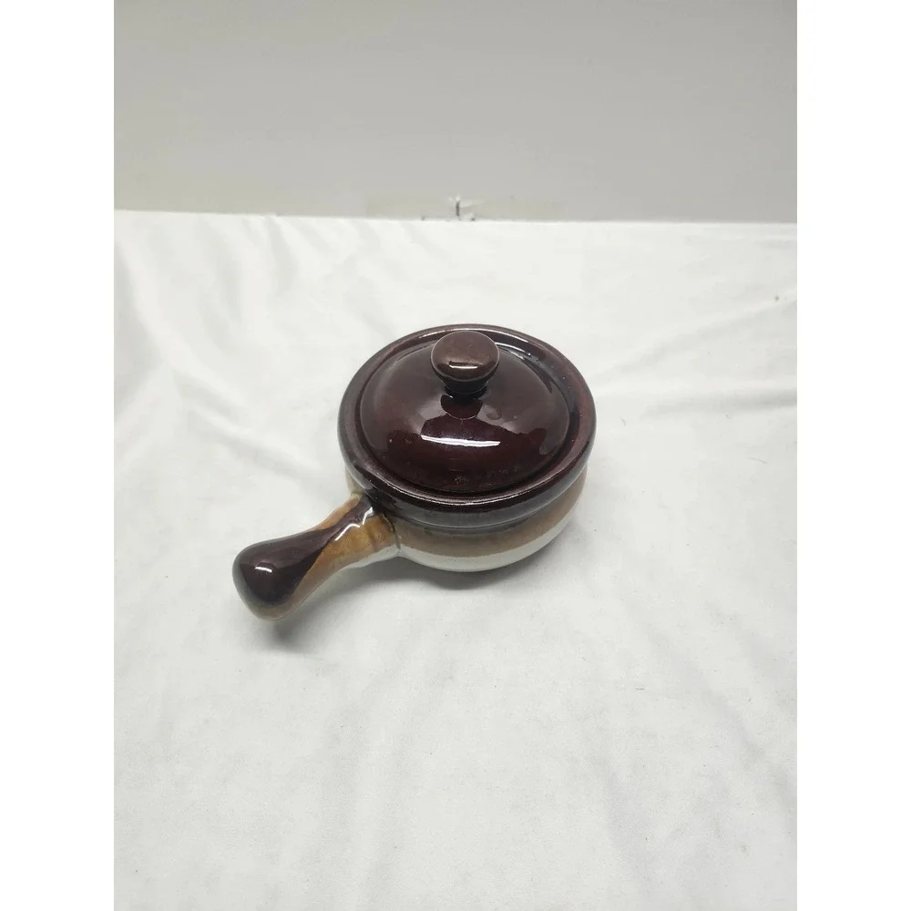 Vintage French Onion Soup Bowl with Lid Two Tone Brown Stoneware Ceramic Crock